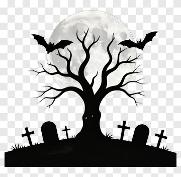 Silhouette Of A Spooky Tree With Bats And Graves PNG