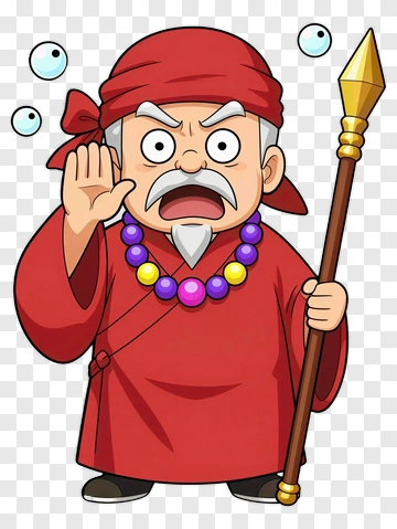 Cartoon Old Man With Staff And Beads PNG