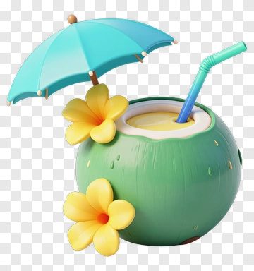 Coconut With Umbrella And Flower PNG