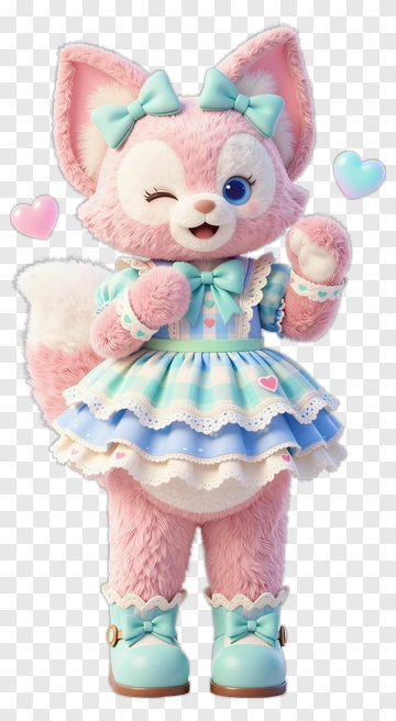 Pink Fox Doll In Blue Dress PNG