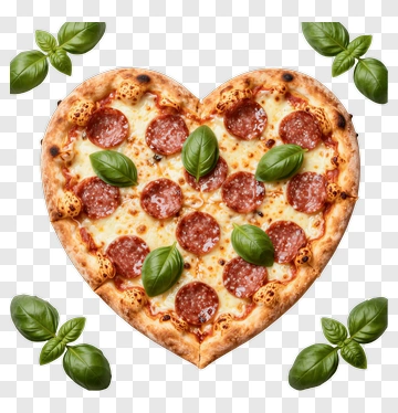 Heart Shaped Pepperoni Pizza With Basil PNG