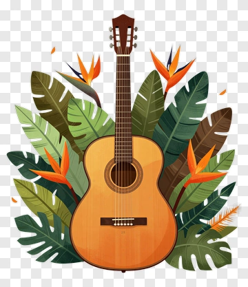 Acoustic Guitar Amid Tropical Leaves PNG