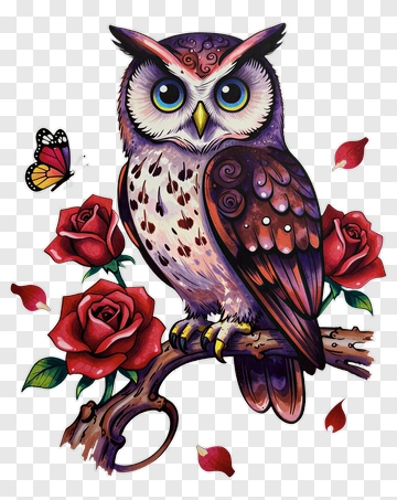 Colorful Owl With Roses And Butterfly PNG