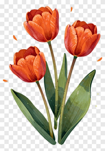 Orange Tulips With Green Leaves PNG