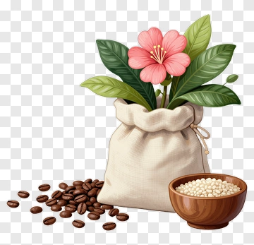 Pink Flower In Sack With Coffee Beans PNG