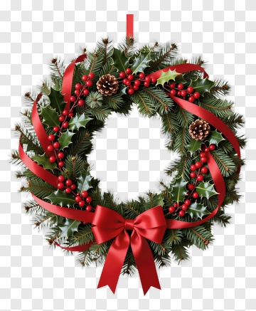 Christmas Wreath With Red Ribbon And Berries PNG