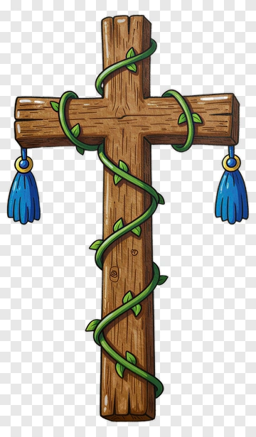 Wooden Cross With Vine And Tassels PNG