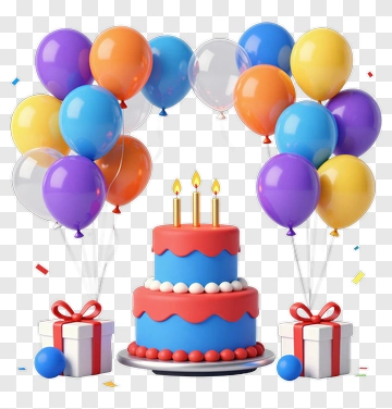 Birthday Cake With Balloons And Gifts PNG