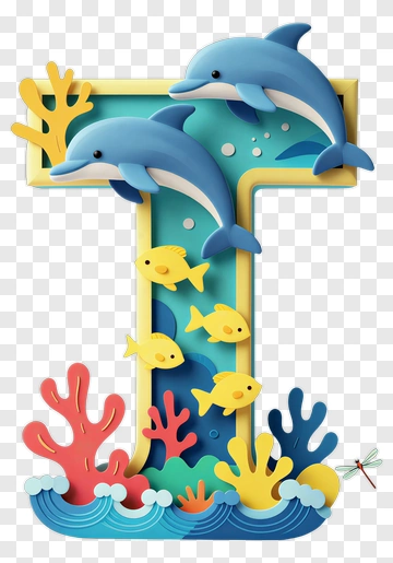 Letter T With Dolphins And Coral PNG