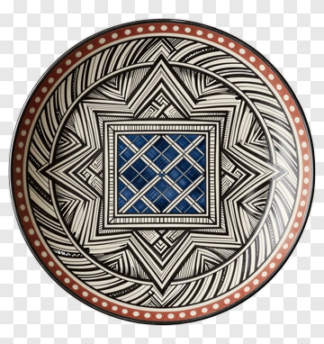 Geometric Ceramic Plate With Blue Center PNG