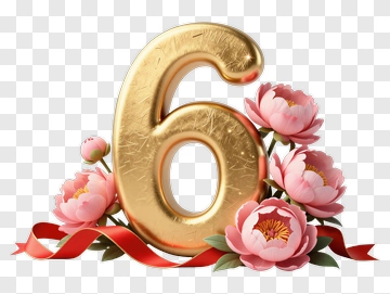 Golden Number Six With Pink Peonies PNG