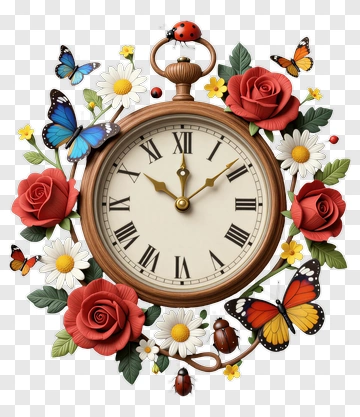Clock Surrounded By Flowers And Butterflies PNG