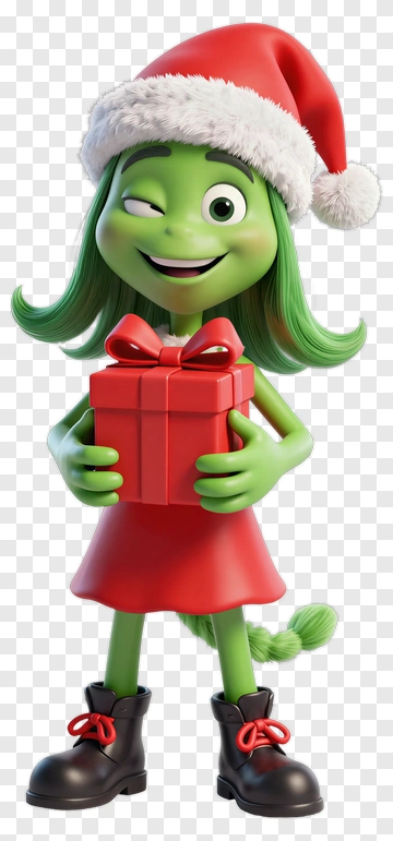 Grinch In Santa Hat Holding Gift PNG