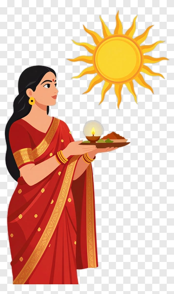 Woman In Red Sari Offering To Sun PNG