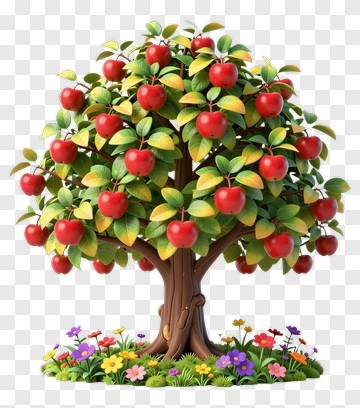 Apple Tree With Red Fruits And Flowers PNG