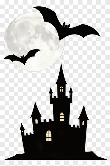 Castle With Bats Flying Over Moon PNG