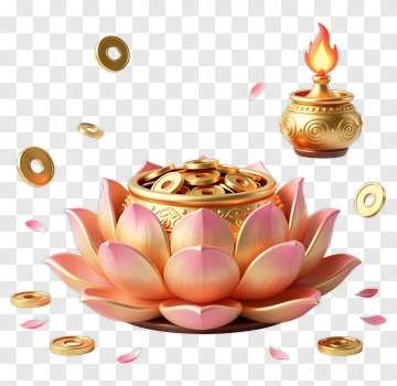 Golden Lotus With Coins And Lamp PNG