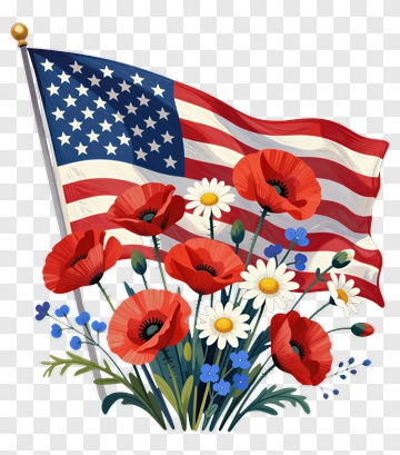 American Flag With Floral Arrangement PNG