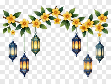 Decorative Lanterns With Yellow Flowers PNG