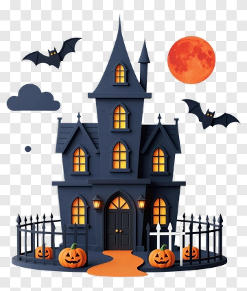 Spooky Haunted House With Pumpkins And Bats PNG