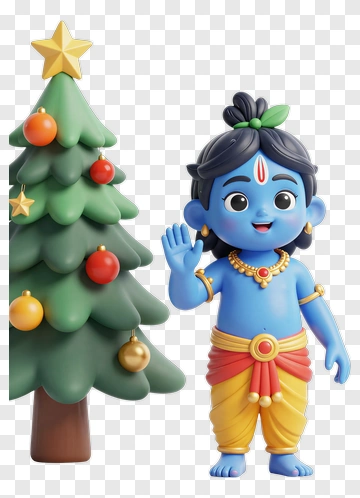 Blue Child Figure Waving Near Christmas Tree PNG