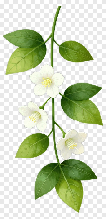 Jasmine Flower Branch With Green Leaves PNG