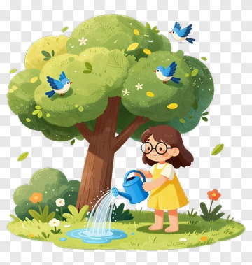 Girl Watering Tree With Birds PNG