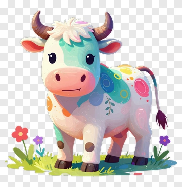 Cute Colorful Cow Standing In Garden PNG