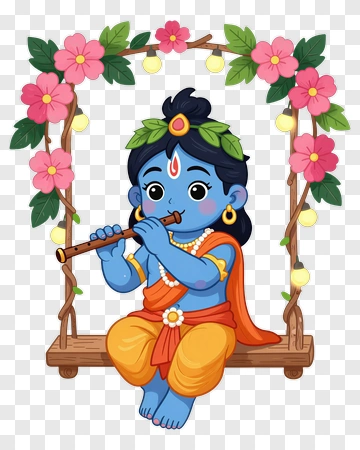 Blue Krishna Playing Flute On Swing PNG