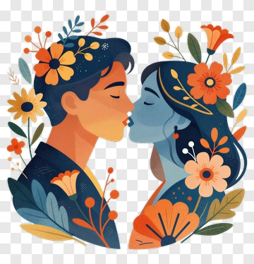 Couple Kissing Amidst Floral Decorations PNG