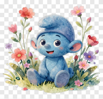 Blue Smurf In Floral Garden PNG