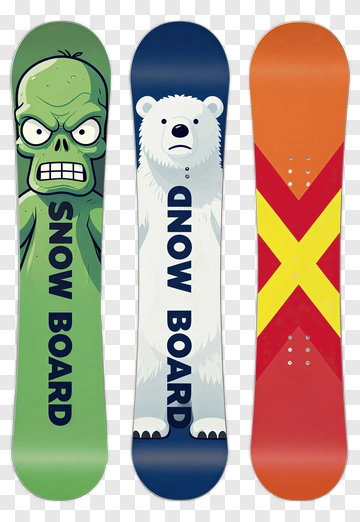 Three Cartoon Snowboards With Zombie And Polar Bear Designs PNG