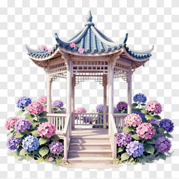 Traditional Pagoda Surrounded By Flowers PNG