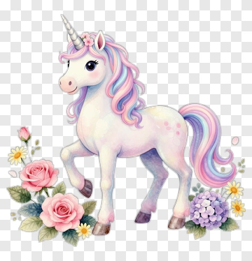 Cute Watercolor Unicorn With Flowers PNG