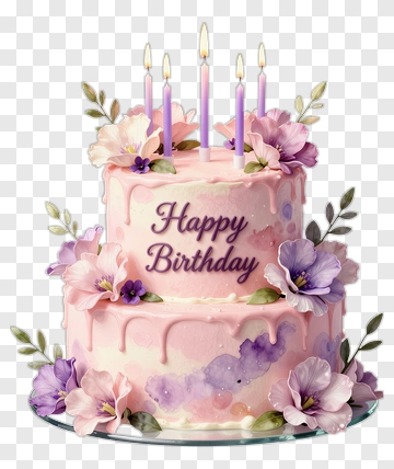 Pink Birthday Cake With Flowers And Candles PNG