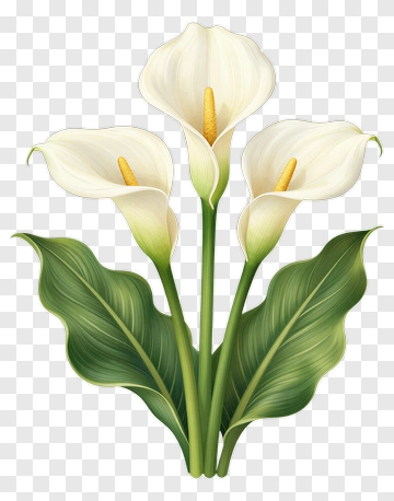 Three Calla Lilies With Green Leaves PNG