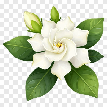 White Gardenia Flower With Green Leaves PNG