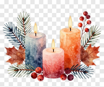 Three Candles With Autumn Leaves And Berries PNG