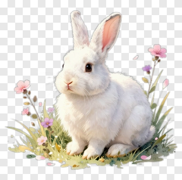 White Rabbit Among Flowers PNG
