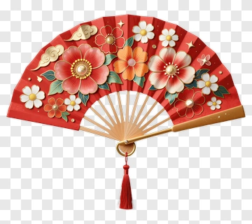 Decorative Red Fan With Floral Pattern PNG