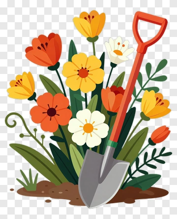 Garden Shovel With Blooming Flowers PNG