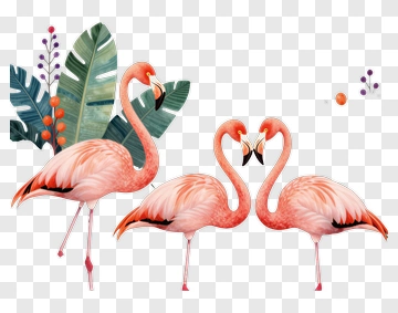 Three Flamingos In Tropical Garden PNG