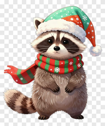 Cute Raccoon In Christmas Hat PNG