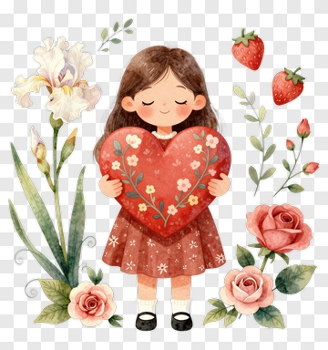 Girl Holding A Heart Surrounded By Flowers PNG