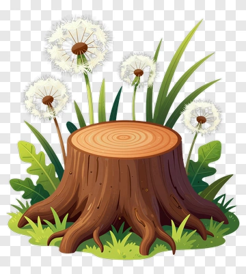 Tree Stump With Dandelions PNG
