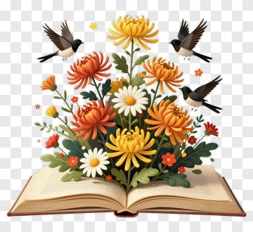 Open Book With Blooming Flowers And Birds PNG