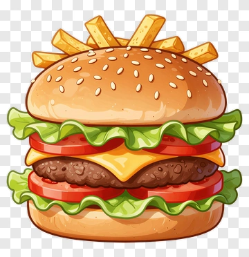 Cartoon Style Hamburger With Fries PNG