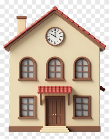 Beige House With Clock And Door PNG