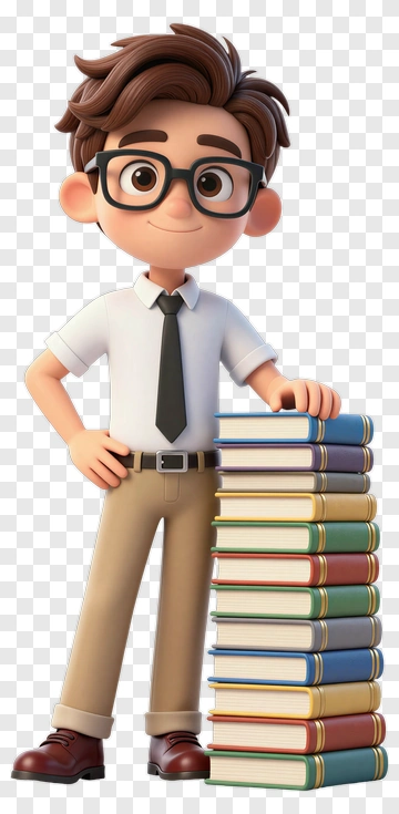 Cartoon Boy Student With Book Stack PNG