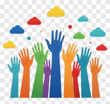 Multicolored Hands Raised Toward Clouds PNG